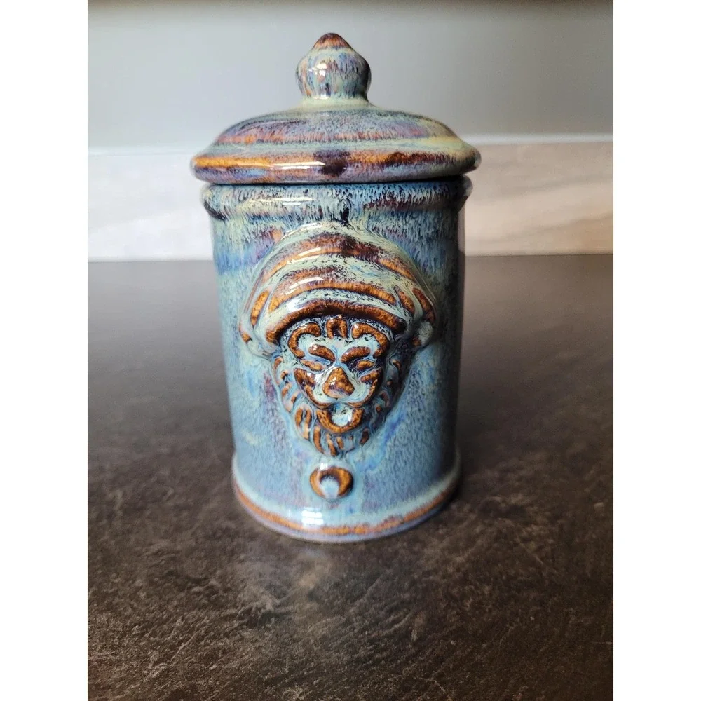 Blue‎ Drip Glaze Lion Face Lidded Jar Medieval Heraldic Decor Stoneware Canister